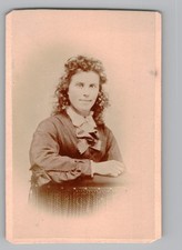 Antique CDV Gorgeous Lady in Dress With Ruffled Collar Bow Curly Hair Unmarked