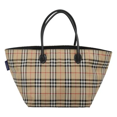 Burberrys Nova Check Blue Label Tote Bag Nylon Beige Silver Auth