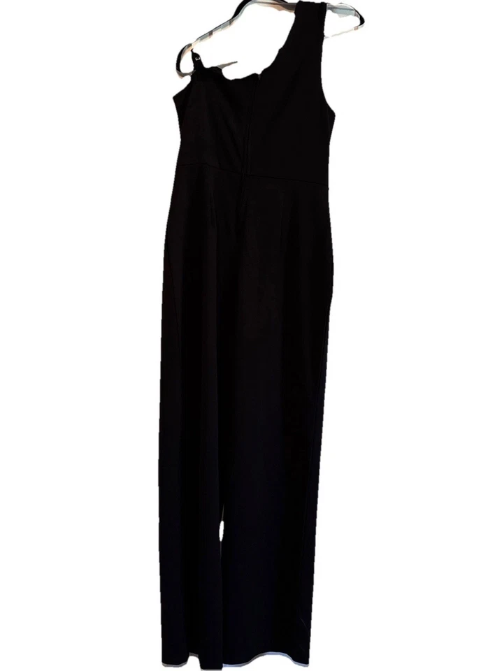 ¡NUEVO SIN ETIQUETAS! Mono Crystal Sky negro de un hombro pierna ancha. Diseño de cerradura. Talla L Foto 3 de 4