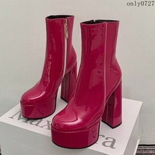 Womens Casual Platform High Chunky Heel Pointy Toe Zip Party Ankle Boots Shoes