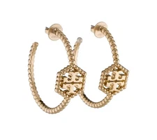 TORY BURCH Milgrain Hex Hexagon Circle Rolled Hoop Logo Earrings Gold Tone💛