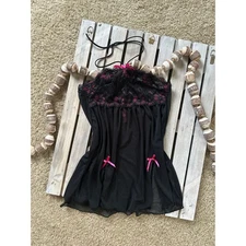 Y2K Seven Til Midnight Pink Black Lace Lingerie Bows Sheer Top