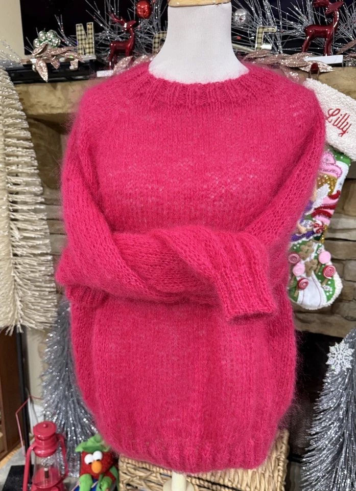 Suéter Pullover Hecho a Mano Para Mujer Tejido a Mano Rosa Caliente Mohair Talla L -XL -1X Foto 3 de 4