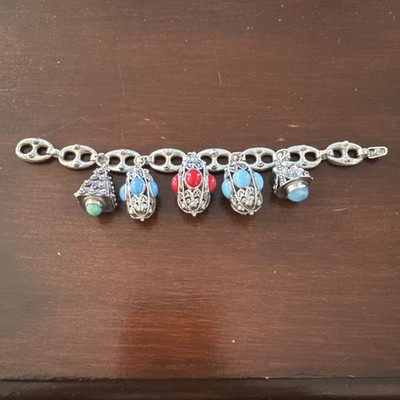 Vintage Silver Revival Charm Bracelet Etruscan 8'' and 800 Gemstones