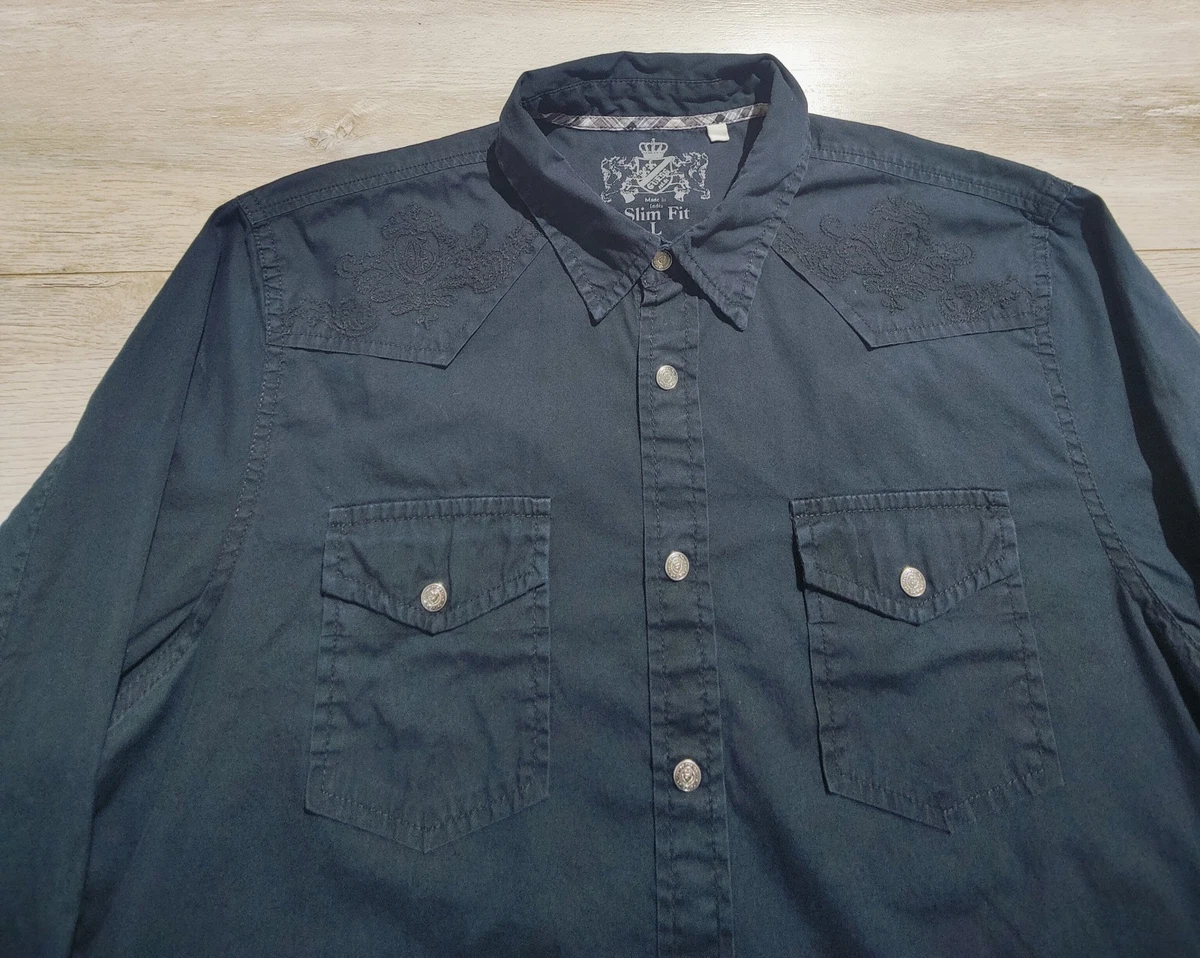 Camisa para hombre Guess ajustada negra con botones bordada puño abatible talla grande