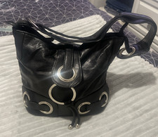 Black Single Strap Hand Bag With Silver Ring Detail Size 10in x 9in x 5in VGC