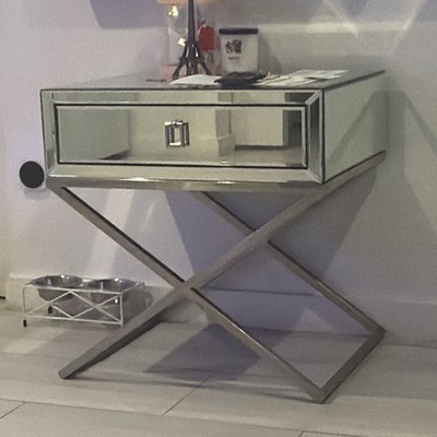 Mirrored Glass 1-Drawer X-Base End Side Table, Silver, 28x20x18 in