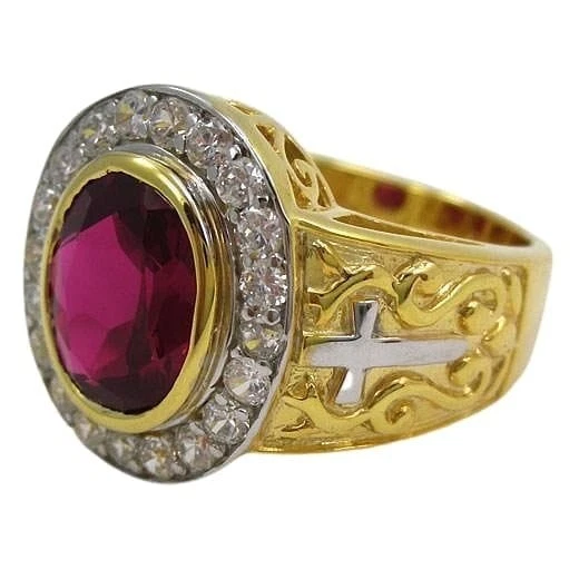 14K Yellow Gold Christian Ruby Mens Bishop Ring - Image 2 of 4