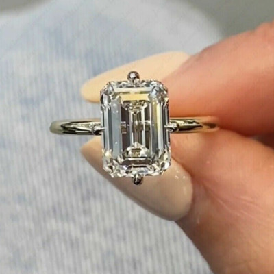 3,35ct Smaragdschliff Moissanit Verlobungsring Solitär Ring in 14k Weißgold vergoldet