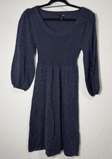 H&M green S puffy long sleeve metallic Navy Blue sweater dress Holiday Xmas