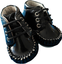 Early Days Boys Black High Top Pram Shoe, Laced, Patent. Size 0