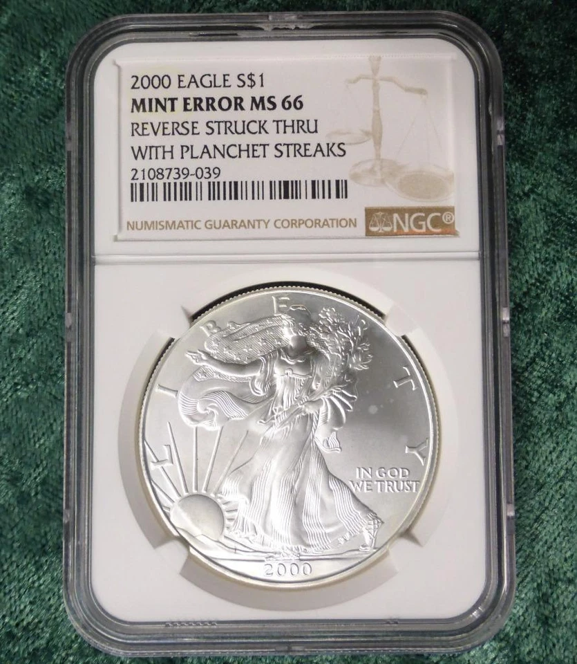 2000 NGC MS66 Silver Eagle Dollar STRUCK THRU & PLANCHET STREAKS Mint Error RARE - Image 4 of 4