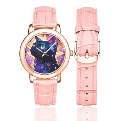 Fancy Black Cat Watch with Rose Gold Plated Bezel and Pink Leather Band