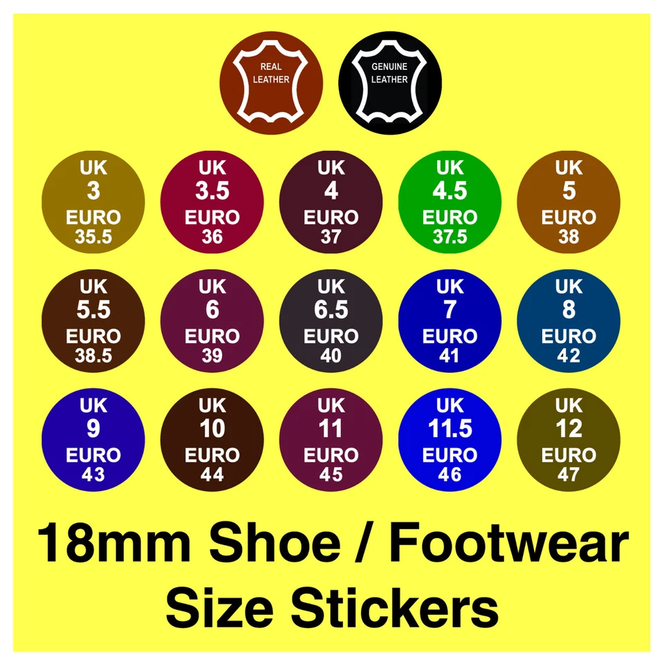 PRICESTICKERS Footwear / Shoe Size Stickers UK Euro + Real / Genuine Leather Labels