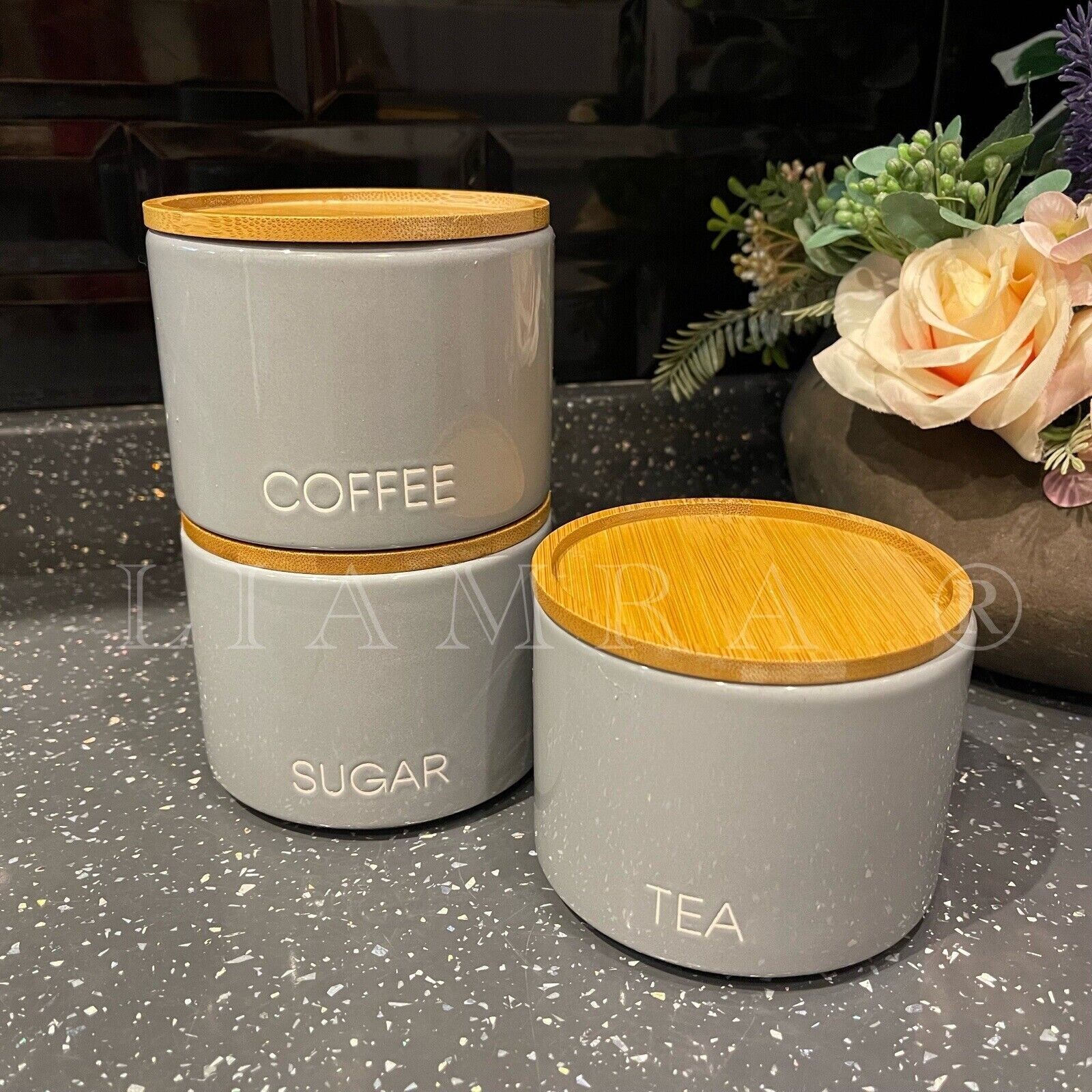 stacking tea coffee sugar canisters Ceramic Grey Set Of 3 Kitchen