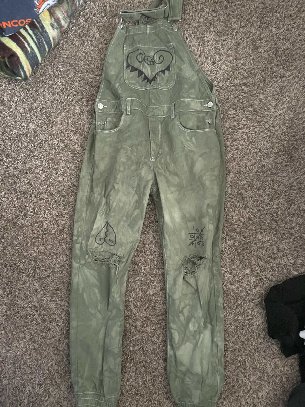Custom Olive green overalls One Piece Distressed Gem