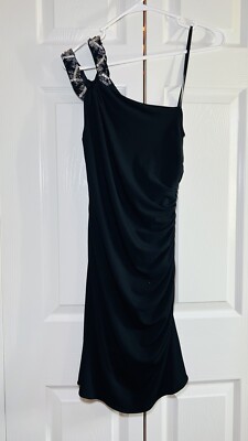 Laundry by Shelli Segal Beaded One Shoulder Gown Black Jersey Size 6 Mini Dress