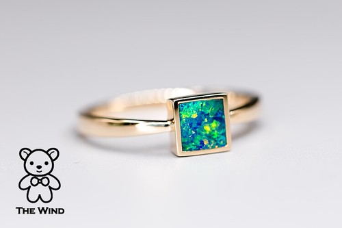 Quadratischer australischer Doublet Opal Ring 14K Gelbgold minimalistisches Band - Bild 7 von 9