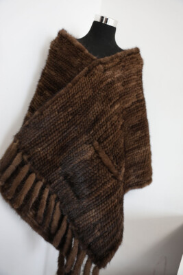 Knit 100% real mink fur cape / scarf 200*58 cm brown neck wrap / women shawl
