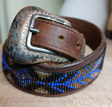 Vintage Western Store Beautifully Hand Beaded 27" Leather Belt/"silver" Buckle