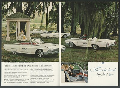 1963 FORD THUNDERBIRD 2-page advertisement, showing 4 T-Bird models, print ad