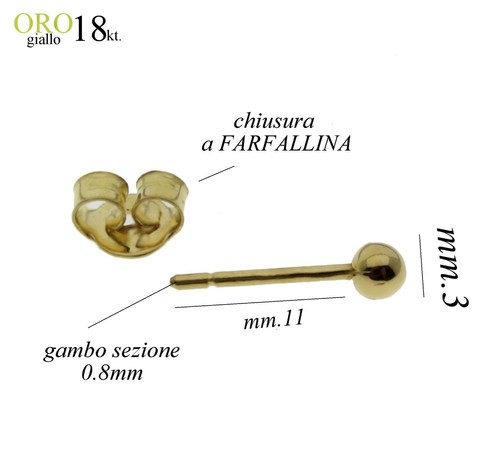 Orecchino pallina 3mm ORO bianco ORO giallo 750% 18kt. uomo donna GOLD 18kt - Picture 4 of 15