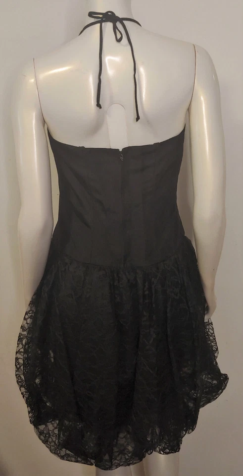 Vestido de Noche Vintage Saks Negro Encaje 11 12 Burbuja Dobladillo Lazo Encaje Borde Halter Stra Foto 4 de 4