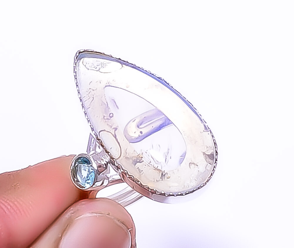 Milky Opal & Blue Topaz Gemstone 925 Sterling Silver Ring Adjustable (3) A392