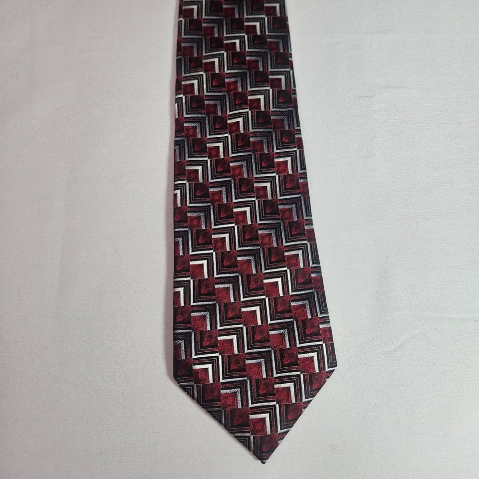 Van Heusen 100% 真丝手工制作领带几何红色棕色 3.75 x 59 — 第 3/4 张图片