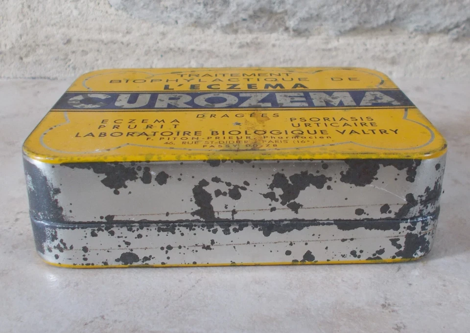 Ancienne Boite métal CUROZEMA Médicament Pharmacie Eczema France jaune - Photo 3/4
