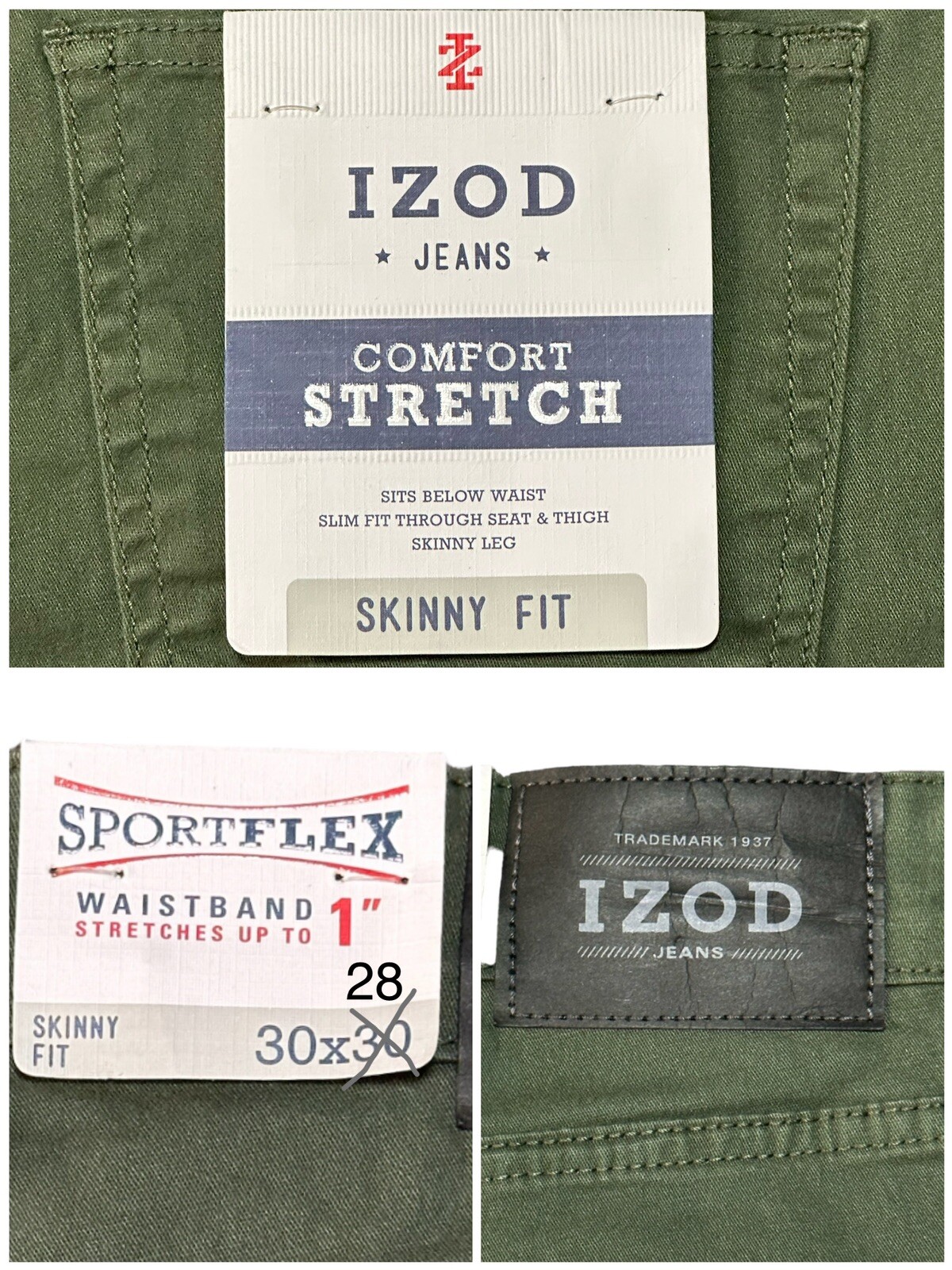 IZOD SportFlex Jeans Skinny Fit Comfort Stretch Men&rsquo;s W30x28L Green New