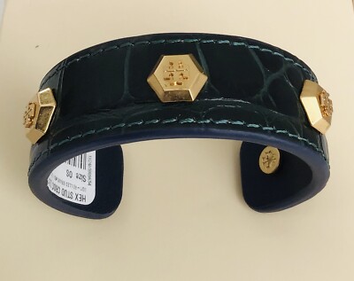NEW Tory Burch Hex Stud Logo Cuff Bracelet Croc Leather Color Green