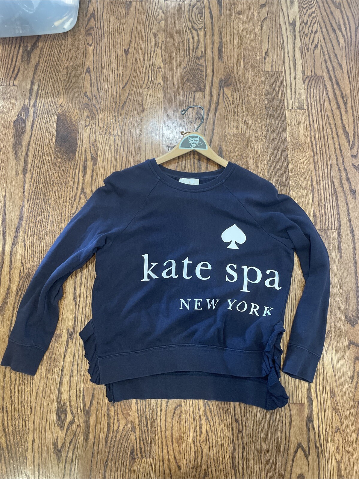 Top donna Kate Spade taglia S blu navy cotone pullover felpa volant laterali