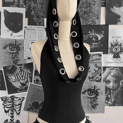 Women's Black Gothic Hooded Halter Top Metal Eyelet Sleeveless Y2K Punk Grunge T - Photo 1/4