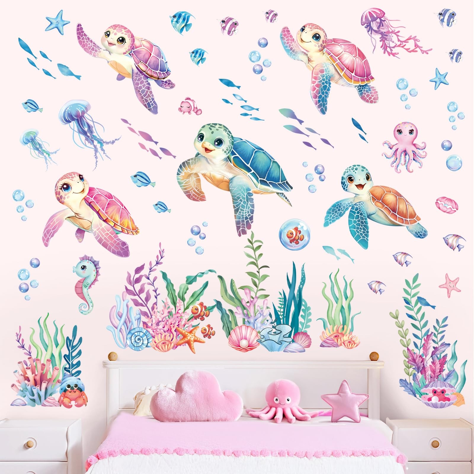 Stickers muraux sous la mer avec tortue et algues multicolores pour chambre enfant