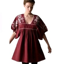 St. Roche Lake Mini Dress Women's Burgundy Berry With Ivory Embroidery Size XS