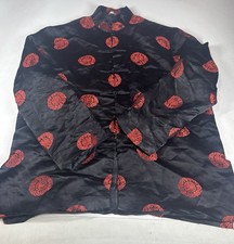 Vintage Chinese Satin Jacket Black Red Medallion Mandarin Kung Fu Hong Kong