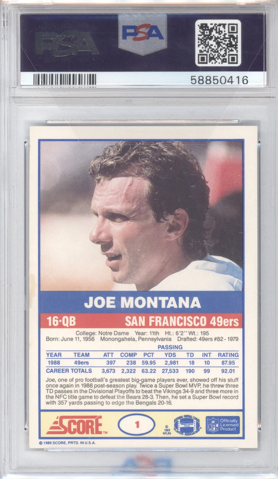 1989 Score Joe Montana #1 PSA 9 view 2