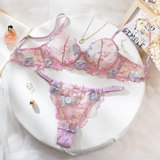 Lace Bra Set Women's Floral Embroidered Sheer Wire Free Soft Underwear 2 Piece