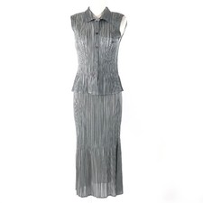 beautiful Pleats Please Gingham Check Sleeveless Top Long Skirt Set Up Gray 3