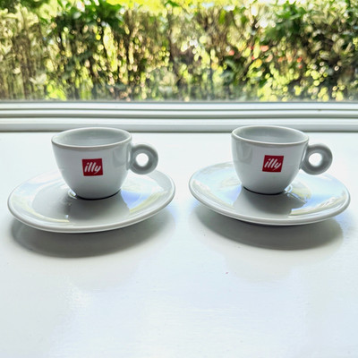 Illy Espresso Cup & Saucer Set for 2 4-Piece White Porcelain Logo Modern