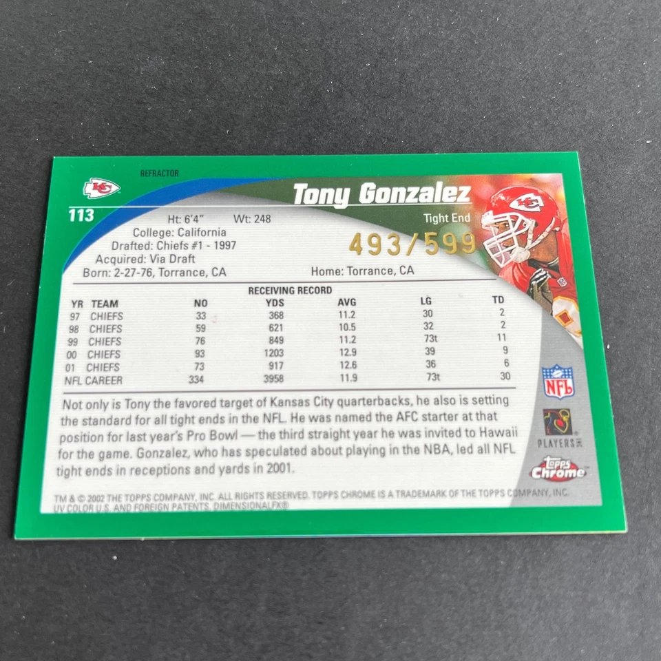 2002 Topps Chrome Black Refractors #113 Tony Gonzalez /599 Kansas City Chiefs - Image 2 of 2
