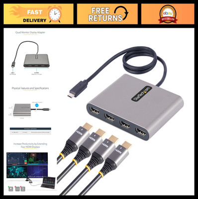 USB-C to 4 HDMI Adapter, Quad HDMI Monitor Converter, 4x 1080p 60Hz, External Gr