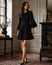 Banana Republic Black Fit Flare Dress 10 Bell Sleeve Embroidered Boho Romantic