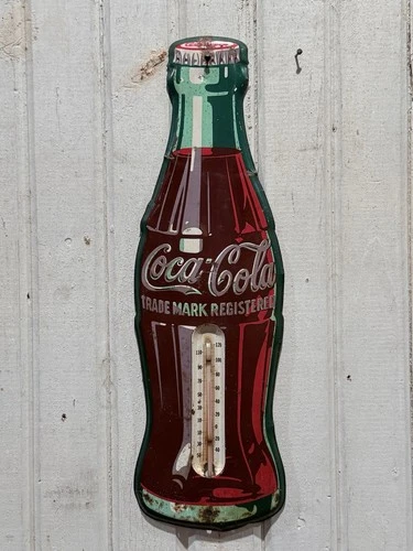 Vintage Coca-Cola Bottle Thermometer 1950s Working Metal Tin Soda Sign 16.5”