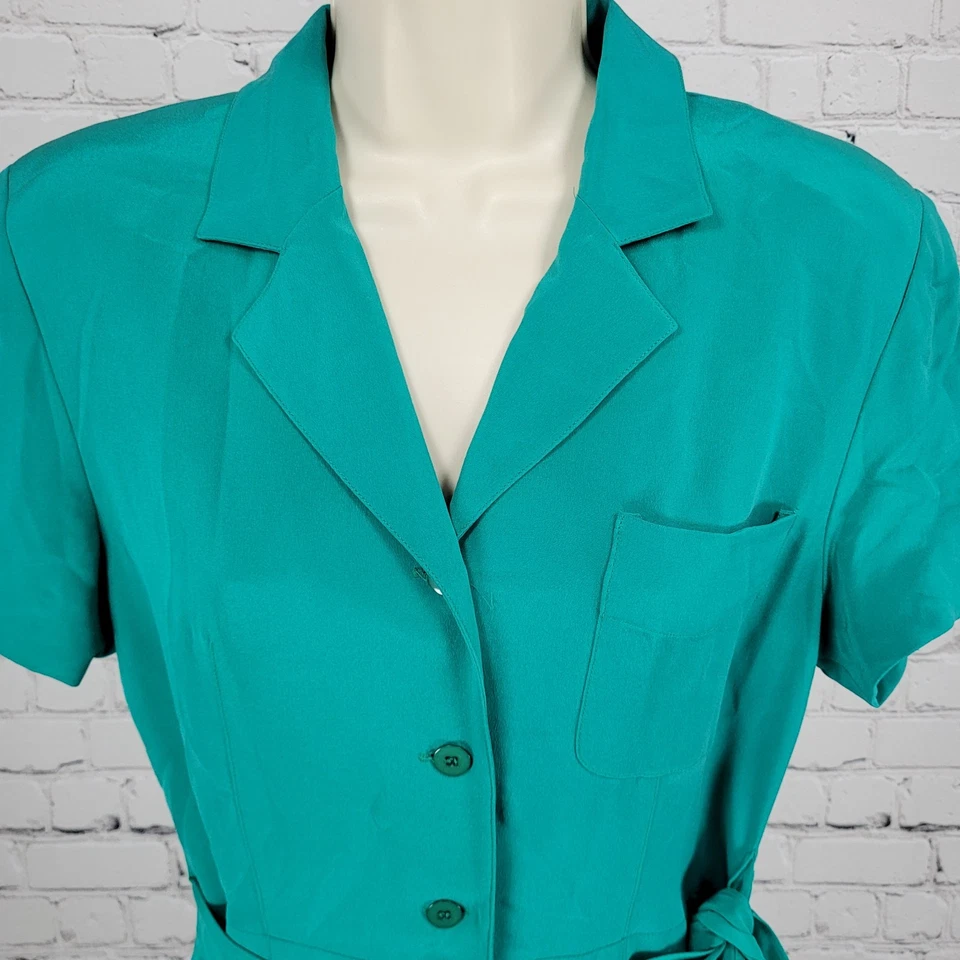 Vestido de Colección Pat Argenti Verde 100% Seda Manga Corta Abotonado Envolvente Corbata Talla 6 Foto 4 de 4