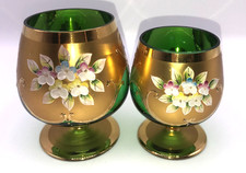 MURANO GLASS VENICE ITALY TRE FUOCHI GREEN & GOLD SNIFTERS 24K ENAMEL FLOWERS