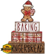 DIYDEC Xmas Gingerbread Man Wooden Signs 4pc Tiered Tray Decor Holiday Tabletop