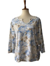 Ruby Rd Top (XL) Stretch Knit Blouse Blue Beige Pastel Florals Old Money 3/4 Slv