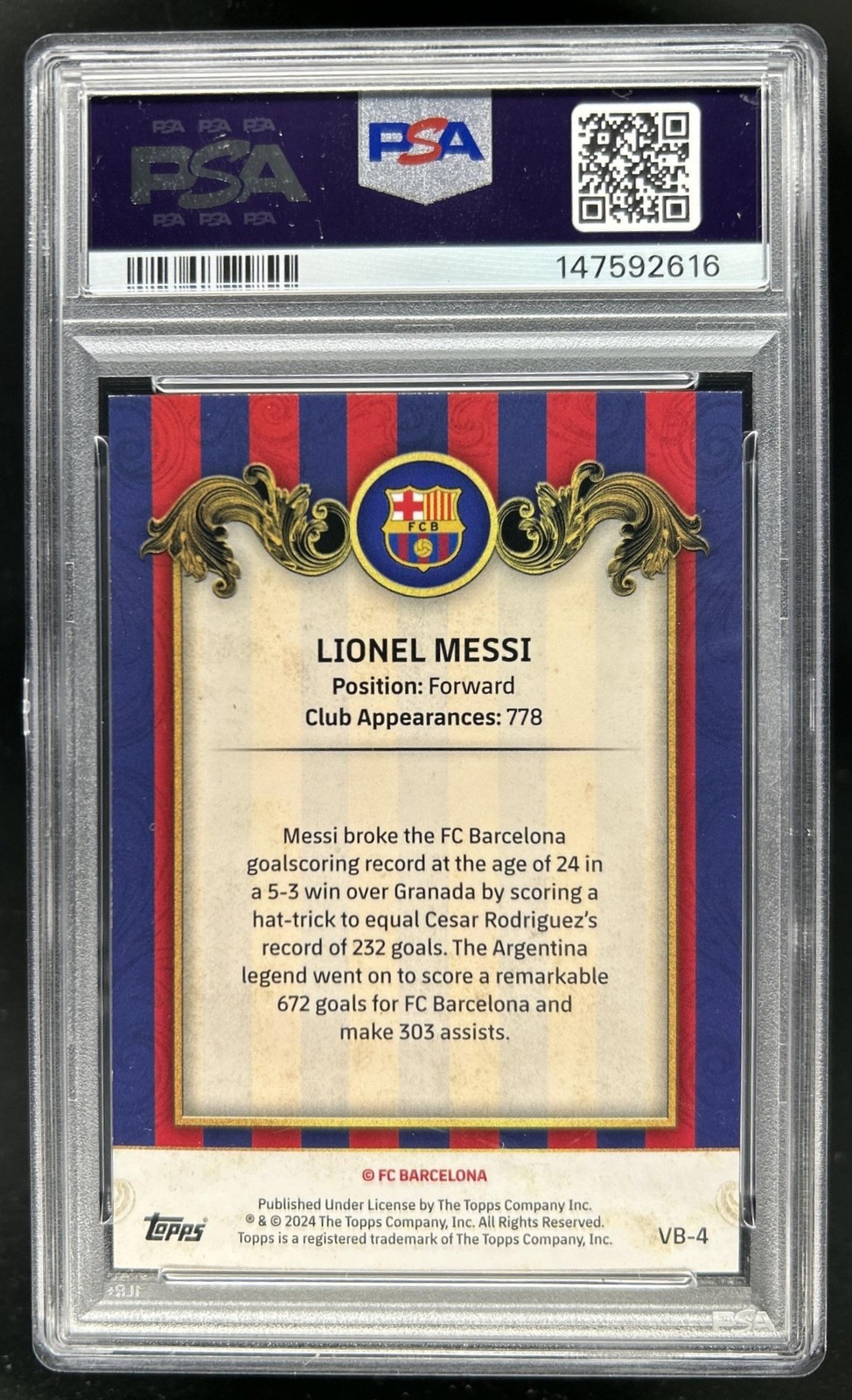 2023-24 Topps FC Barcelona Team Lionel Messi Vintage Barca Pink #/99 PSA 9 view 2